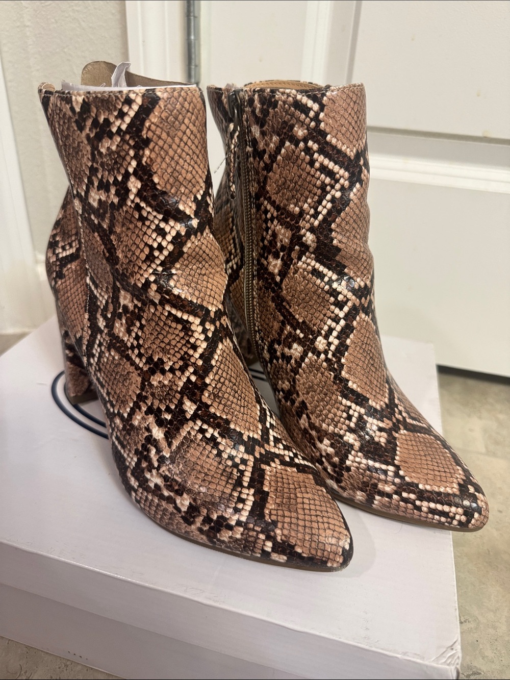 Pointed Toe Snake-Print Ankle Booties in Brown